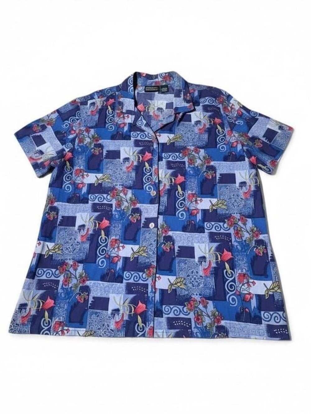 Rebecca Malone Blue Abstract Floral Print Short Sleeve Button Up Shirt XL